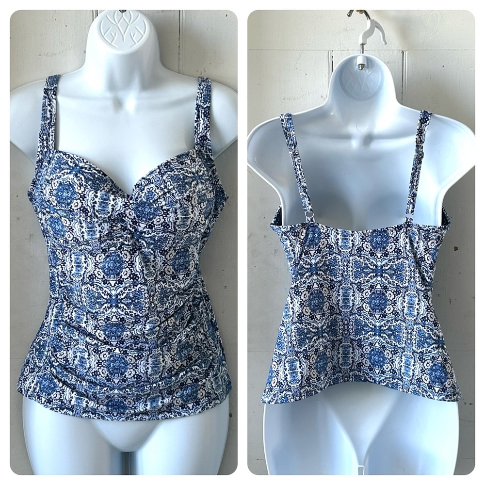 Nip Tuck Blue & White Print Tankini Swim Top